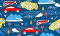 Cartoon Transportation Background for Kids with doodle Toy Cars and Nature with stop text and peak me for wallpaper,wrapping,