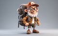 Cartoon Traveler with Backpack and Hat on Gray Background