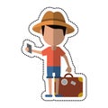 Cartoon traveler man with suitcase passport