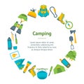 Cartoon Traveling Camping and Hiking Banner Card Circle. Vector