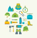 Cartoon Traveling Camping and Hiking Round Design Template Icons Set. Vector