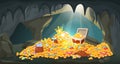 Cartoon treasure cave with piles of coins, gold bars, gems and jewels. Hidden ancient mine with pirate treasures and