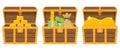 Cartoon treasure chests. Pile of money and a bag of coins. Wealth concept. Gold bars icon. Vector illustration Royalty Free Stock Photo