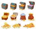 Cartoon treasure chests, piles of gold and jewels, pirate treasures. Bag with diamonds, open wooden chest with coins and Royalty Free Stock Photo