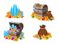 Cartoon treasure with gold coins and colorful gemstones. Open and closed chests, bag and money heaps