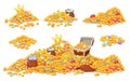 Cartoon treasure piles with coins, jewels, gems and gold bars. Pirate treasures, pile of gold, precious stones, wooden