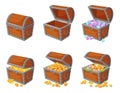 Cartoon treasure piles with coins, jewels, gems and gold bars. Pirate treasures, pile of gold, precious stones, wooden