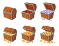 Cartoon treasure piles with coins, jewels, gems and gold bars. Pirate treasures, pile of gold, precious stones, wooden chest,