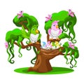 Cartoon tree with funny parrots