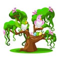 Cartoon tree with funny parrots