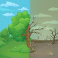 Cartoon tree split in half on a divided background. Healthy leaved part and dying part with cracked bark. Royalty Free Stock Photo