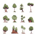 Cartoon trees. Flat fairytale detailed graphic elements, oak willow birch trees for game environment. Vector garden