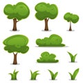 Cartoon Trees, Hedges And Grass Leaves Set