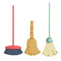 Cartoon trendy broom icons set. Vintage natural and modern plastic brooms.