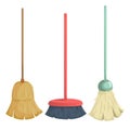 Cartoon trendy broom icons set. Vintage natural and modern plastic brooms.