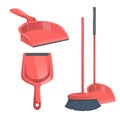 Cartoon trendy cleaning service icons set. Modern red plastic broom Royalty Free Stock Photo