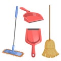 Cartoon trendy cleaning service icons set. Natural broom and different dustpans, modern plastic mop. Royalty Free Stock Photo