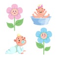 Cartoon trendy design babies sticker icons. Boy and girls faces flowers, washing baby in basin and crawl baby. Royalty Free Stock Photo