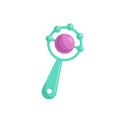 Cartoon trendy design baby greenl rattle with pink ball. Vector simple gradient child accessory illustration. Royalty Free Stock Photo