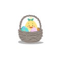 Cartoon trendy design basket with easter colorful and painted eggs and newborn girl chick. Decorative vector illustration icon. Royalty Free Stock Photo