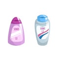 Cartoon trendy design blue and pink containers set with liquid soap icon. Shower gel. Hygiene and body care