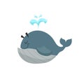 Cartoon trendy design blue whale with fountain mascot. Sea and ocean icon vector illustration. Royalty Free Stock Photo