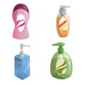 Cartoon trendy design different color bottles icons set. Shower gel and liquid soap Royalty Free Stock Photo