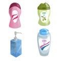 Cartoon trendy design different color bottles icons set. Shower gel and liquid soap vector illustrations. Royalty Free Stock Photo