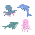 Cartoon trendy design different sea and ocean animals set. Octopus, dolphin, shark, jellyfish. Royalty Free Stock Photo