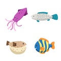 Cartoon trendy design different sea and ocean animals set. Squid, striped color fish, blowfish and gray dotted fish. Royalty Free Stock Photo