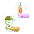Cartoon trendy design green and yellow containers set colorful bath sponges. Shower gel. Hygiene and body care