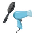 Cartoon trendy design hair styling equipment tool set. Black massage detangler hair brush for styling and electric hairdryer. Vect Royalty Free Stock Photo