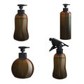 Cartoon trendy design hair styling equipment tool set. Brown figure bottles with spray for hair moistening and gel different shape