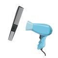 Cartoon trendy design hair styling equipment tool set. Plastic black hair comb with special long teeth and electric hairdryer. Vec Royalty Free Stock Photo