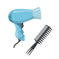 Cartoon trendy design hair styling equipment tool set. Plastic black hair comb with special long teeth and electric hairdryer. Vec Royalty Free Stock Photo