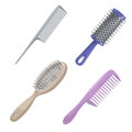 Cartoon trendy design haircare icon set. Metal and plastic comb, cylinder and brush hair styling accessories tools. Royalty Free Stock Photo