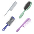 Cartoon trendy design haircare icon set. Metal and plastic comb, cylinder and brush hair styling accessories tools.