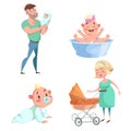 Cartoon trendy design mother and babies sticker icons set. Washing girl in basin and crawl baby, father holding newborn, mother wi Royalty Free Stock Photo