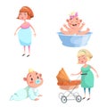 Cartoon trendy design mother and babies sticker icons. Washing girl in basin and crawl baby, pregnant woman, mother with stroller.