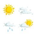 Cartoon trendy design weather icons set. Sun, fluffy clouds, rain cloud and partly cloudy symbol.