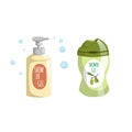 Cartoon trendy design yellow bottle with dispenser and green olive container icons set. Shower gel with foam bubbles