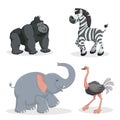Cartoon trendy style african animals set. African elephant, gorilla monkey, zebra and ostrich. Closed eyes and cheerful mascots.