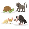 Cartoon trendy style african animals set. Baboon monkey, fennec fox, vulture and african turtle . Closed eyes and cheerful mascots