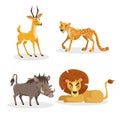 Cartoon trendy style african animals set. Cheetah, antelope, lion, pig warthog. Closed eyes and cheerful mascots. Royalty Free Stock Photo