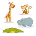 Cartoon trendy style african animals set. Giraffe, sitting monkey with banana, crocodile and hippo. Closed eyes and cheerful masco Royalty Free Stock Photo