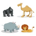 Cartoon trendy style african animals set. Gorilla monkey, lion, dromedary camel, rhiniceros. Closed eyes and cheerful mascots. Royalty Free Stock Photo