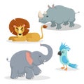 Cartoon trendy style african animals set. Lion, rhino, african elephant and parrot. Closed eyes and cheerful mascots.