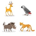 Cartoon trendy style african animals set. Pig warthog, grey parrot, cheetah and antelope gazelle. Closed eyes and cheerful mascots Royalty Free Stock Photo