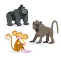 Cartoon trendy style african apes set. Gorilla, baboon and monkey with banana. Closed eyes and cheerful mascots. Royalty Free Stock Photo