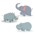 Cartoon trendy style big african animals set. Elephant, rhino and hippo. Closed eyes and cheerful mascots. Royalty Free Stock Photo